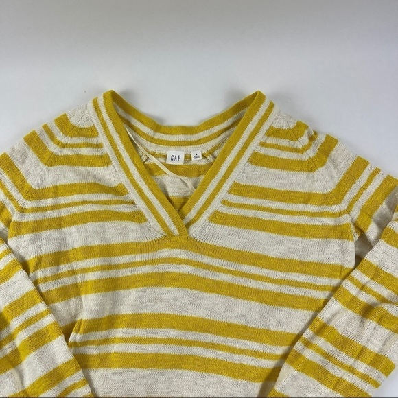 Gap Womens Sweater Vneck Yellow White Striped Side Slits Small - Picture 2 of 7